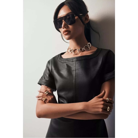 Anthropologie Black Faux Leather Wrap Mini Dress - Picture 4 of 13